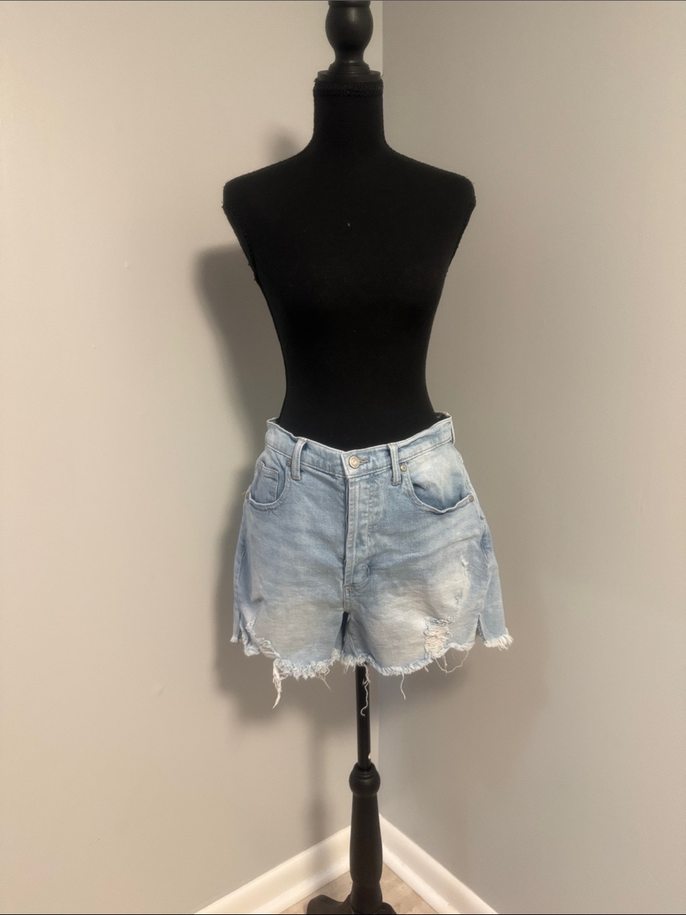 Light Blue Distressed High-Rise Denim Shorts